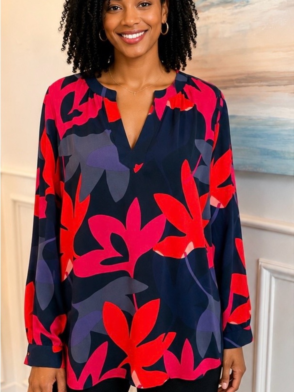 LOFT Ann Taylor Women’s Split Neck Blouse Large Red Pink Navy Floral Long Sleeve